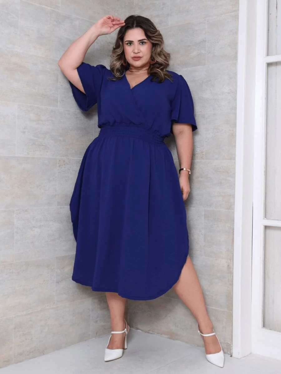 Women's Casual V-Neck Criss-Cross Midi Wrap Dress Plus Size Elegant Loose Godet Sleeve Side Slit Discreet - 藏蓝色 - 查看 1
