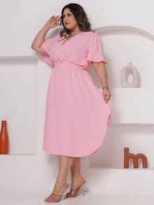 Women's Casual V-Neck Criss-Cross Midi Wrap Dress Plus Size Elegant Loose Godet Sleeve Side Slit Discreet - 淺粉色 - 查看 5