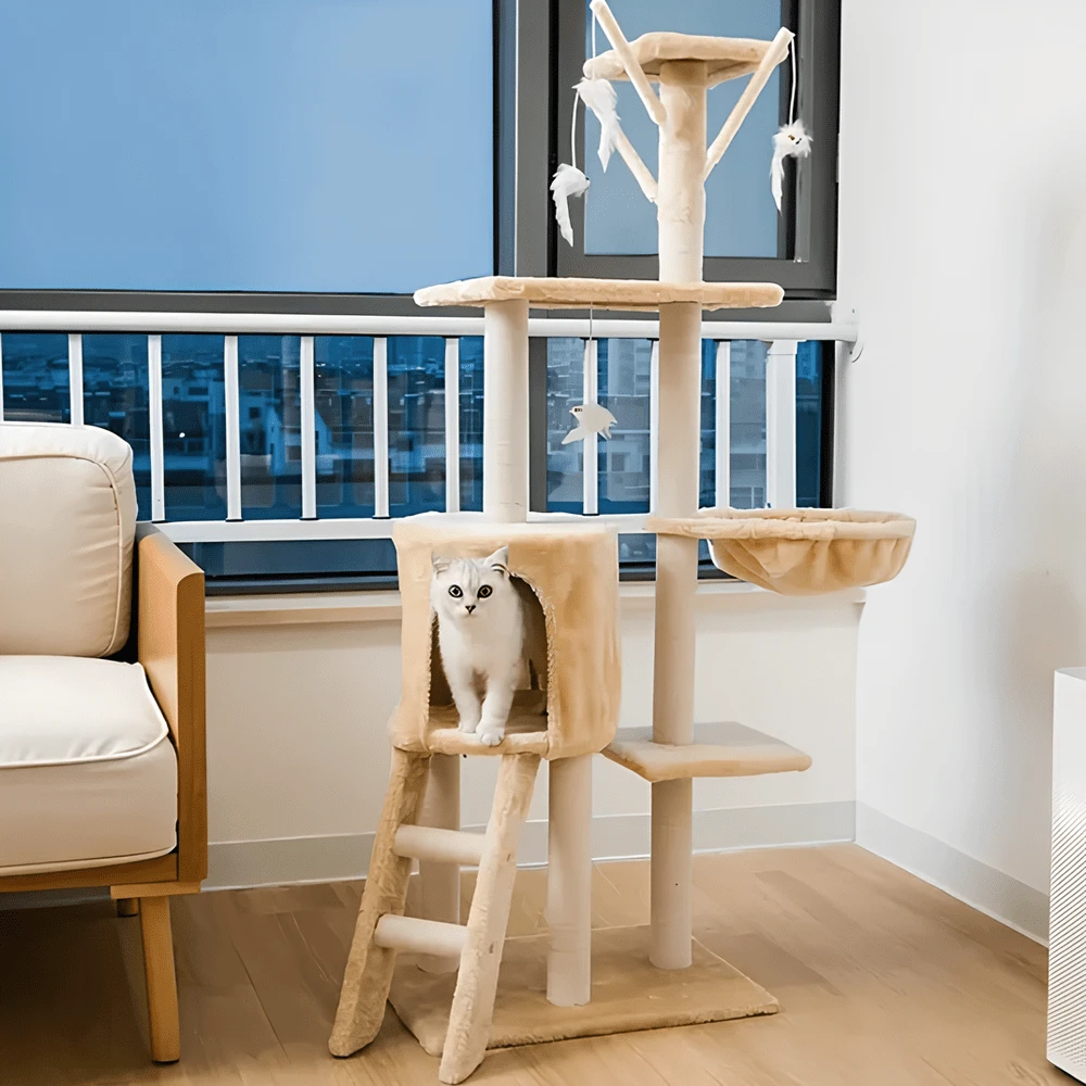 Cat Tree Multi Level Cat Tower Cat Furniture With 2 Padded Perches/2 Condos/Hammock/2 Dangling Balls For Small- To Medium-Sized Cats, Dark Gray Various Styles - Beige - View 1