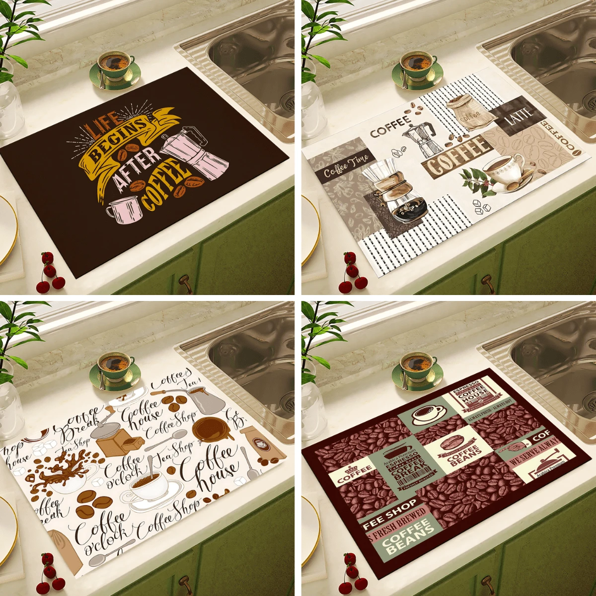 1 件咖啡图案印花吸水垫、浓缩咖啡机台面吸水垫、水槽排水垫、柔软水龙头垫、浴室水槽杯垫、厨房和浴室装饰 - 彩色 - 查看 1