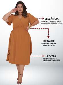 Women's Casual V-Neck Criss-Cross Midi Wrap Dress Plus Size Elegant Loose Godet Sleeve Side Slit Discreet - 駝色 - View 2