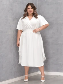 Women's Casual V-Neck Criss-Cross Midi Wrap Dress Plus Size Elegant Loose Godet Sleeve Side Slit Discreet - 白色 - 查看 1