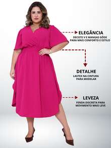 Women's Casual V-Neck Criss-Cross Midi Wrap Dress Plus Size Elegant Loose Godet Sleeve Side Slit Discreet - 玫瑰紅 - 查看 2