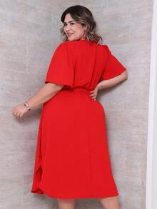 Women's Casual V-Neck Criss-Cross Midi Wrap Dress Plus Size Elegant Loose Godet Sleeve Side Slit Discreet - 紅色 - 查看 3