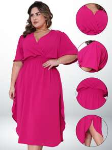 Women's Casual V-Neck Criss-Cross Midi Wrap Dress Plus Size Elegant Loose Godet Sleeve Side Slit Discreet - 玫瑰紅 - 查看 4