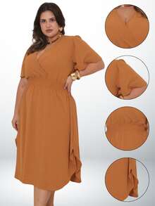 Women's Casual V-Neck Criss-Cross Midi Wrap Dress Plus Size Elegant Loose Godet Sleeve Side Slit Discreet - 駝色 - View 4