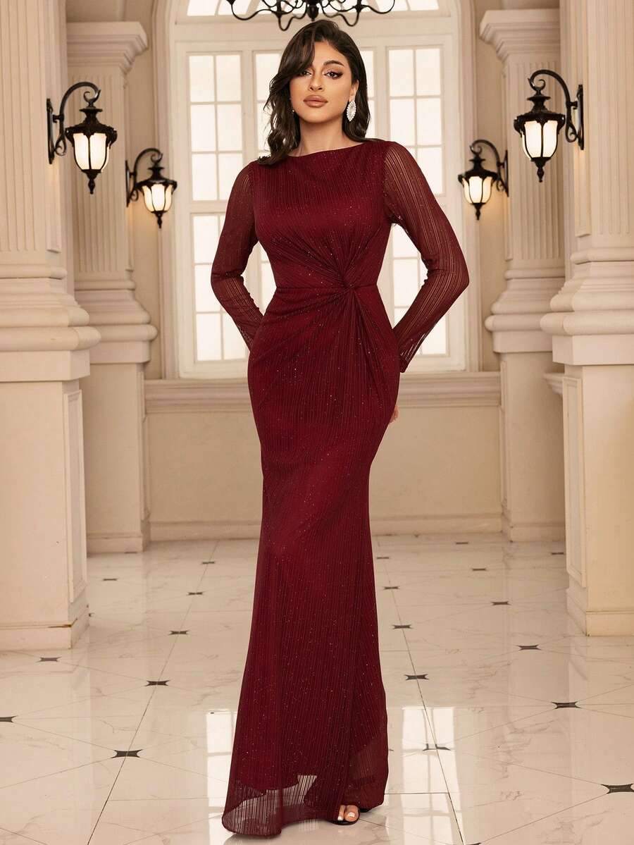 Elegante vestido de punto de manga larga con twist y unicolor, un clásico vestido clásico de lujo con brillo en color borgoña (para adultos). Vestido elegante de Año Nuevo, vestido elegante de graduación, cena, fiesta de noche, vestido formal - Burdeos - Ver 1