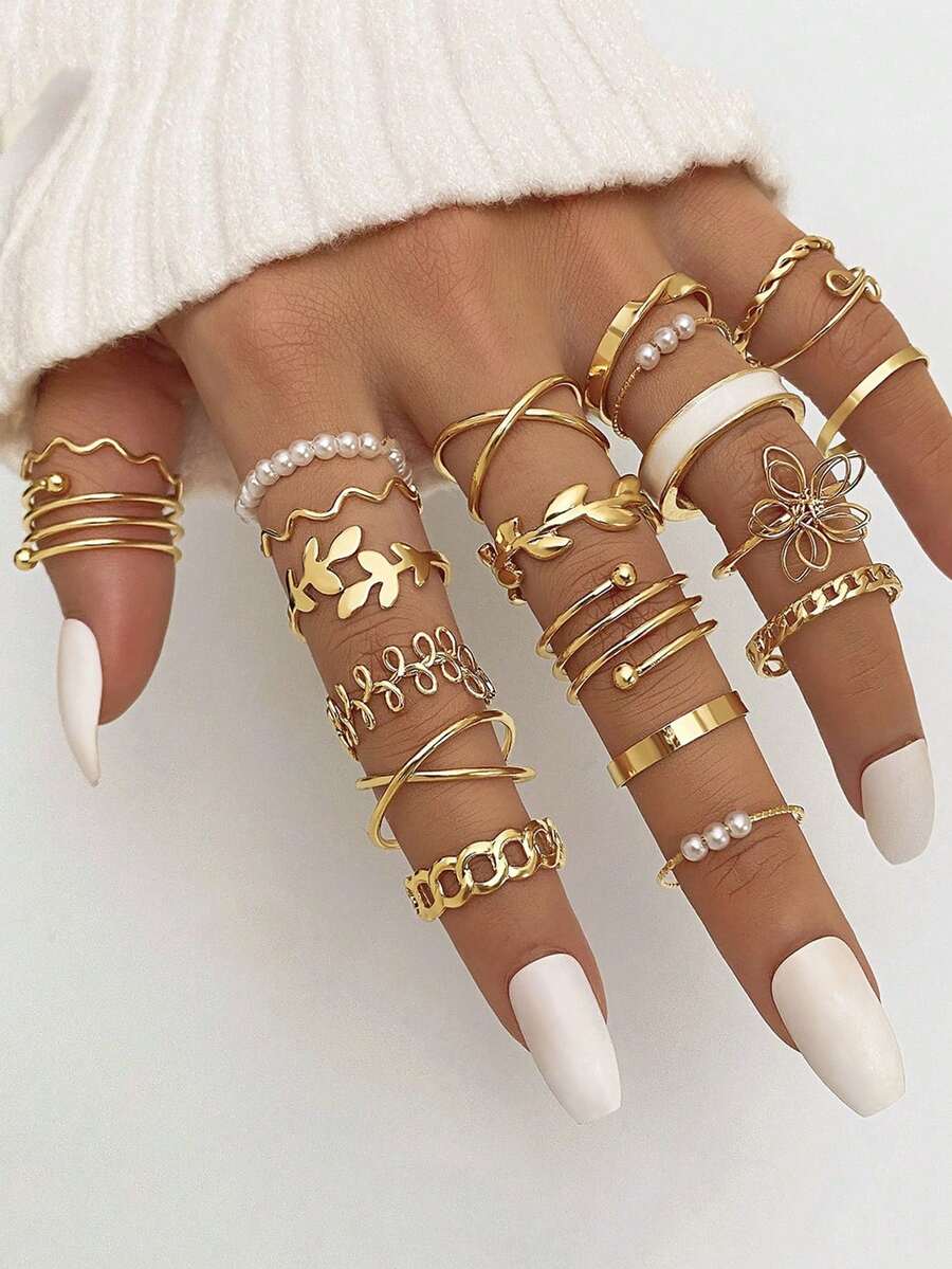 21pcs Fashion Rhinestone Butterfly, Pearl, Geometric Chain Knuckle Rings Set, Floral, Leaf, Faux Pearl, Suitable For Women, Daily, Beach, Summer, Valentine's Day, Mother's Day, Easter, Gift, Gold Rings Jewelry Set [Sizes Marked, Some Are Closed Rings, Please Do Not Force Open] - Gold - View 1