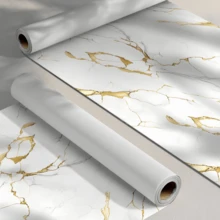 1 Rollo de papel tapiz autoadhesivo con textura de mármol dorado, papel tapiz de rápida adherencia, materiales de construcción para decoración del hogar, revestimiento de pared, pared de cocina, decoración del hogar, adhesivos decorativos para muebles, decoración de la habitación, decoración de pared, adhesivo de pared - Blanco - Ver 2