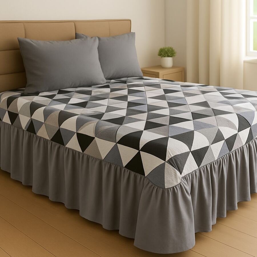 Printed Double Bedspread 03 Pieces With Ruffle And Pillowcases - Soft Light Immediate Shipping
