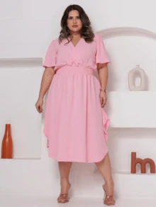 Women's Casual V-Neck Criss-Cross Midi Wrap Dress Plus Size Elegant Loose Godet Sleeve Side Slit Discreet - 淺粉色 - 查看 1