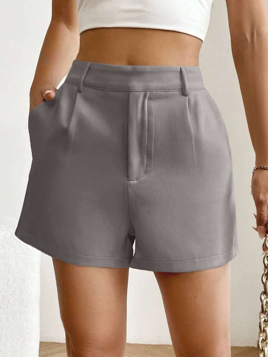 KLIOU Women's Simple Tailored Shorts With Side Zipper And Bag - Xám - Xem 1