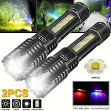 GHUSTAR Torcia elettrica potente da 2 pezzi, torcia tattica ricaricabile tramite USB, 5 modalità di illuminazione con torcia laterale COB, lampada da campeggio con ingrandimento variabile a lungo raggio ultra potente, per alpinismo, esplorazione di grotte, manutenzione ed emergenza domestica.