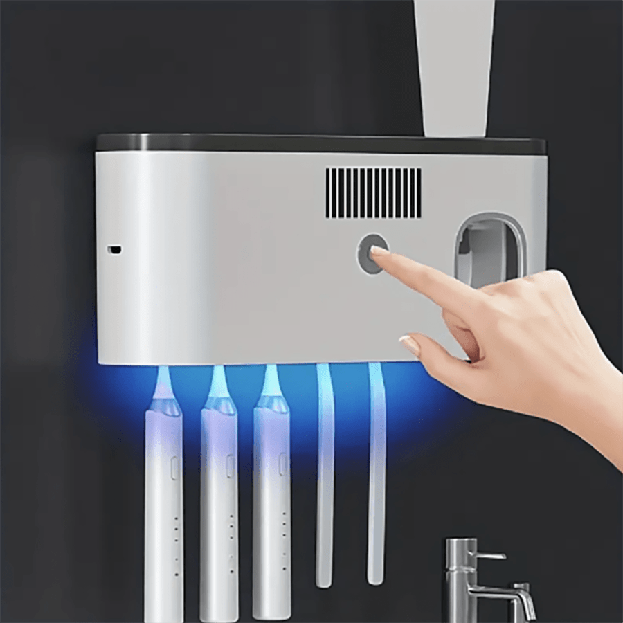 Wall-Mounted Smart Toothbrush Sterilizer With 5 Slots, Integrated Toothpaste Dispenser, Bathroom Storage Rack And Organizer, Home Accessories