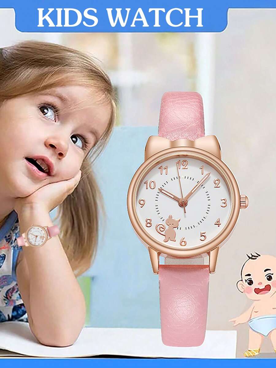 时尚青春腕表 | 可爱猫耳小表盘石英表 | 真皮表带不锈钢表壳女童腕表 | 适合作为生日、毕业典礼及其他节日礼物