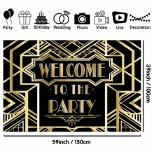 1pc Retro Theme Party Welcome Backdrop, Made Of Polyester, Black & Gold Theme, Black & Gold Geometric Pattern, Suitable For General Party Decor Background, Photo Prop - Multicolor - View 3