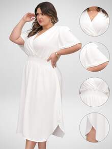Women's Casual V-Neck Criss-Cross Midi Wrap Dress Plus Size Elegant Loose Godet Sleeve Side Slit Discreet - 白色 - 查看 2