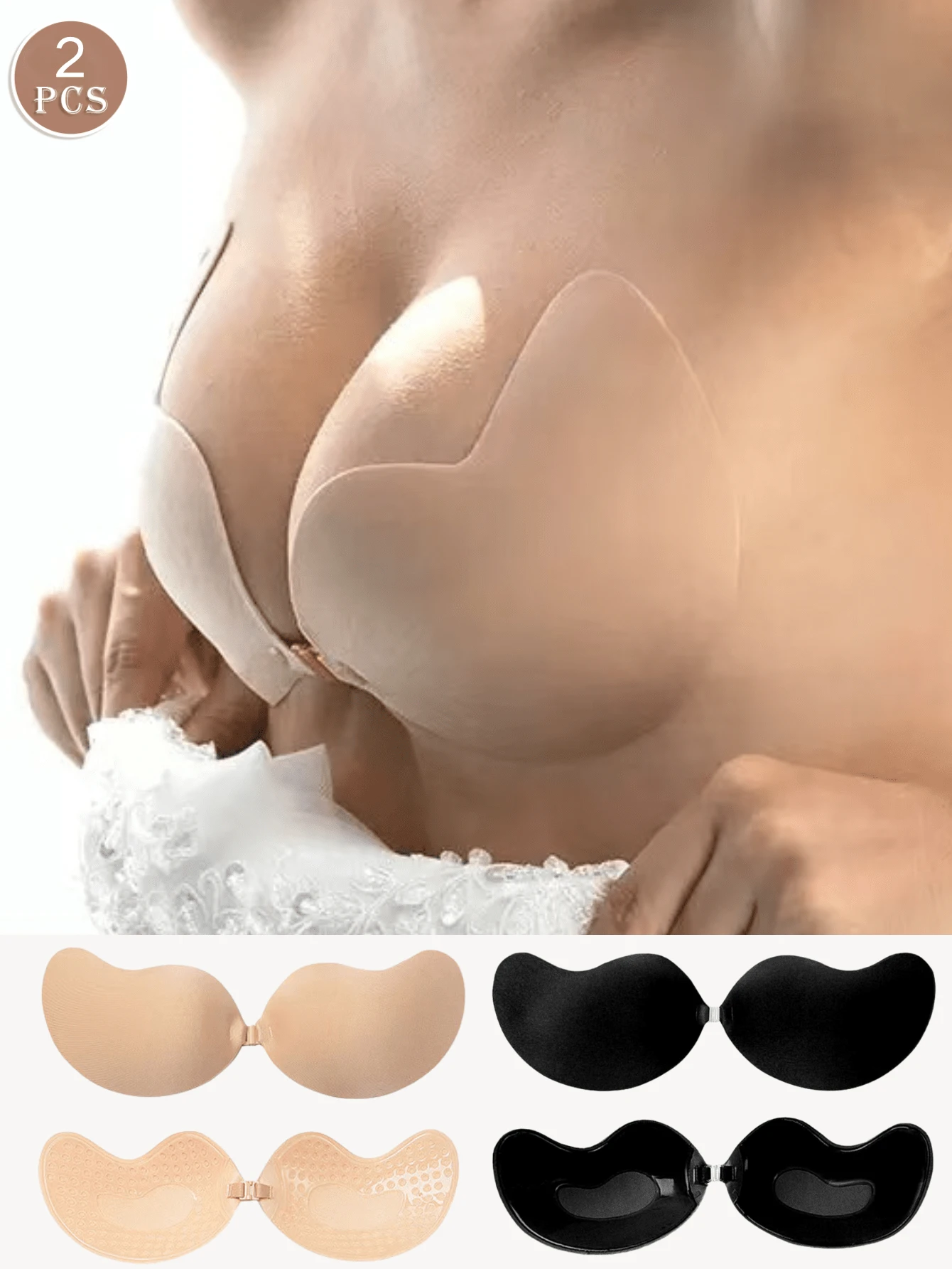 2Pcs Adhesive Bras: Silicone Adhesive Bras, Women's Invisible Bras, Strapless Bras For Backless And Strapless Dresses, No Nipple Cover Push Up Bras-(The Product Runs Small. It Is Recommended To Take The Next Size Up) - Multicolor - View 1