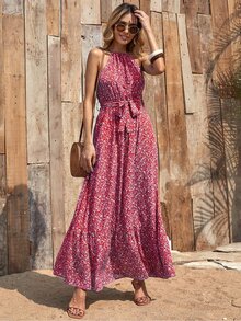 Sleeveless Floral Dress With Tie Waist - Red - View 2