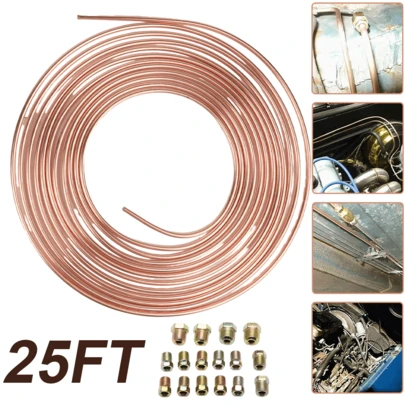 25Ft. Of 3/16" Brake Pipe Copper Coated Steel Tubing, Automotive Replacement Brake Lines Kit With 16 Nuts Fittings