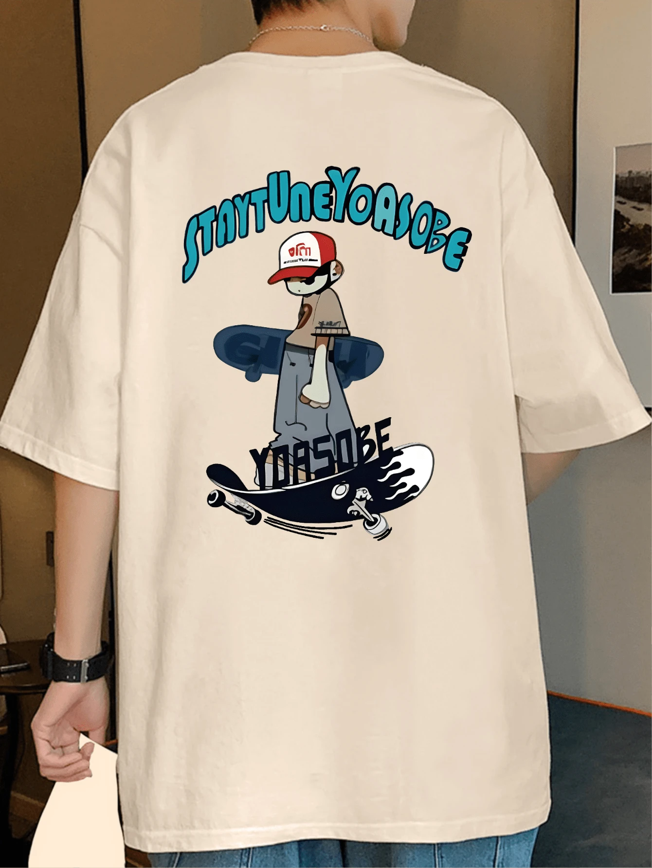 200g Cotton T-Shirt 2025 Men's New Short-Sleeved Cotton Vacation Pattern Short-Sleeved Crew Neck Matching Look