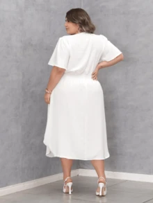 Women's Casual V-Neck Criss-Cross Midi Wrap Dress Plus Size Elegant Loose Godet Sleeve Side Slit Discreet - 白色 - 查看 3