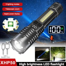 GHUSTAR Torcia elettrica potente da 2 pezzi, torcia tattica ricaricabile tramite USB, 5 modalità di illuminazione con torcia laterale COB, lampada da campeggio con ingrandimento variabile a lungo raggio ultra potente, per alpinismo, esplorazione di grotte, manutenzione ed emergenza domestica.