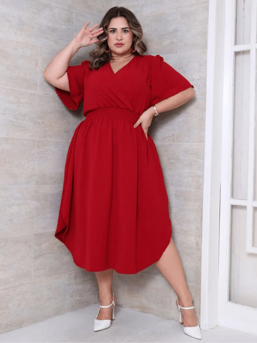Women's Casual V-Neck Criss-Cross Midi Wrap Dress Plus Size Elegant Loose Godet Sleeve Side Slit Discreet - 紅木色 - 查看 1