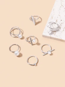 7件套简约奢华时尚珍珠镶嵌钻石戒指女士套装 - 銀色 - 查看 3