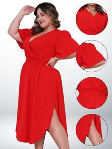 Women's Casual V-Neck Criss-Cross Midi Wrap Dress Plus Size Elegant Loose Godet Sleeve Side Slit Discreet - 紅色 - 查看 4