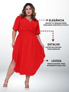 Women's Casual V-Neck Criss-Cross Midi Wrap Dress Plus Size Elegant Loose Godet Sleeve Side Slit Discreet - 紅色 - 查看 2