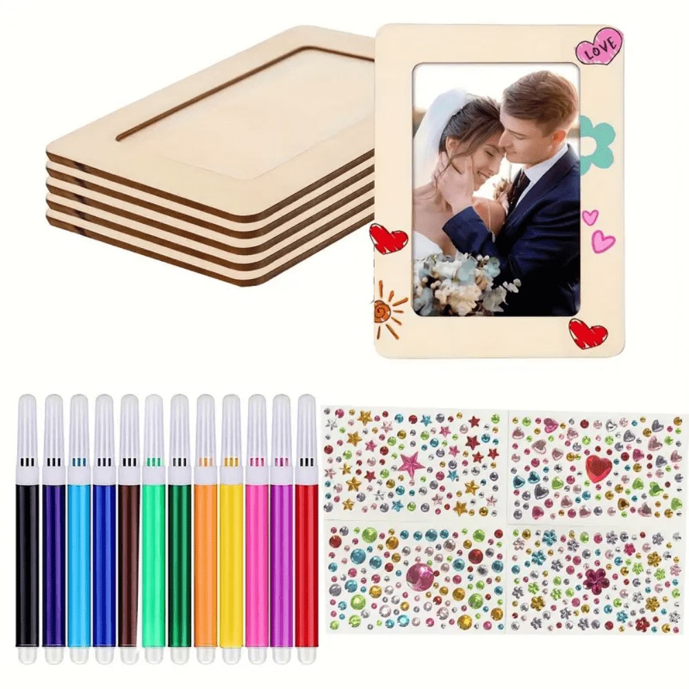 21pcs DIY Photo Frame Painting Arts & Crafts Set - 5 Unfinished Wooden Frames, 12 Colored Markers, 4 Crystal Diamond Stickers, For Personalizing Photo Frames, Home & Room Decor, Gift For Wedding, Birthday, Graduation, Anniversary | Classic Style Frames | Wood Frame Material, Frame Decoration