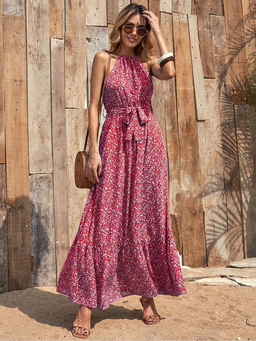 Sleeveless Floral Dress With Tie Waist - Red - View 1