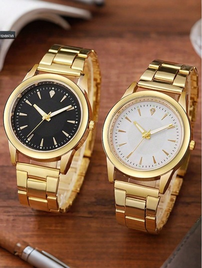 2pcs/1set Fashionable Pair Of Couple Watches | Stainless Steel Strap And Case | Quartz Movement | Barcode Scale | Round Dial Watch | Suitable For Holiday Gifts