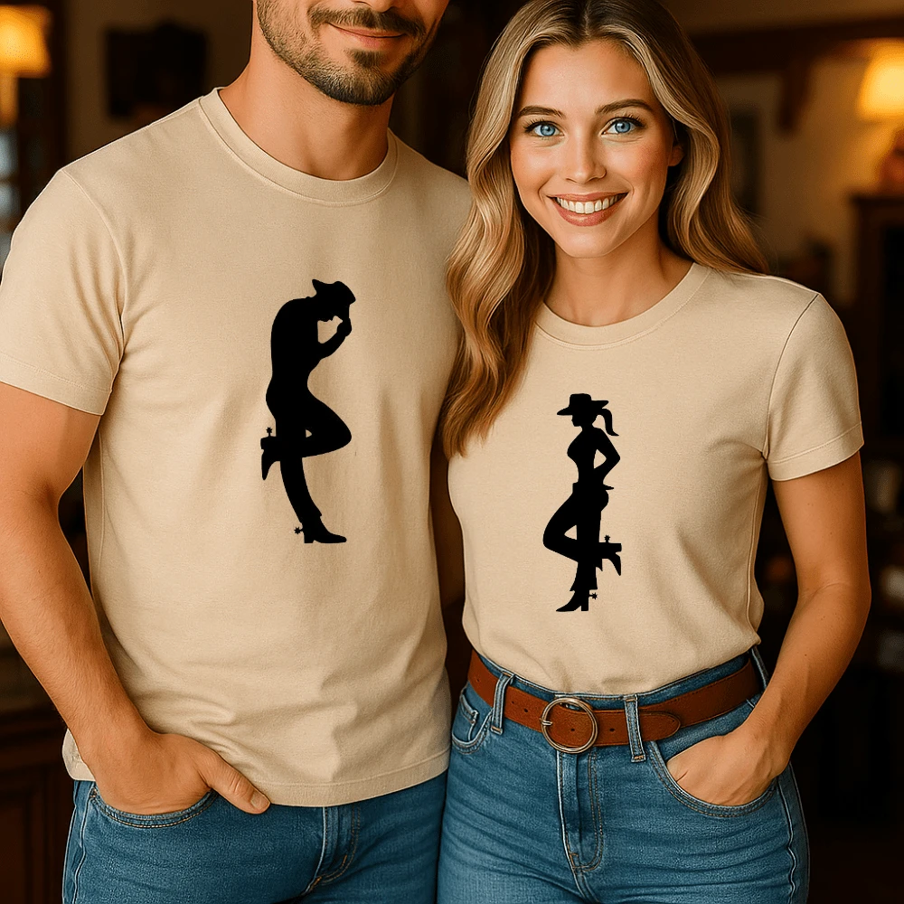 Camiseta Algodão Casal Estampa Silhoueta Casal Country Estilo Agroboy e Agrogirl Casal Algodão Gola Redonda Moda Caipira  Estampa Rústica - Masculino - Bege - Visão 1