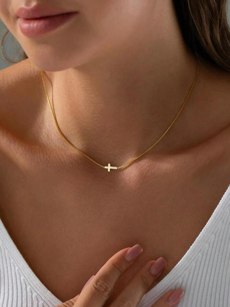 1pc Minimalist Indie Fashion Stainless Steel Necklace For Women, Cross & Sun Pendant Details, Suitable For Daily Wear - necklace - View 1