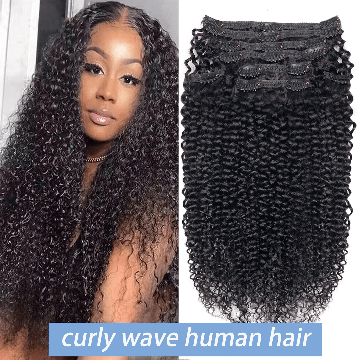 Daily Wear Kinky Curly Clip In Hair Extensions Human Hair For Glamorous Women Girl Gang Soft Girl 8pcs 120g/Set Brazilian Virgin Natural Clip Ins For Women - Natural Black - 查看 1