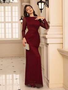 Elegante vestido de punto de manga larga con twist y unicolor, un clásico vestido clásico de lujo con brillo en color borgoña (para adultos). Vestido elegante de Año Nuevo, vestido elegante de graduación, cena, fiesta de noche, vestido formal - Burdeos - Ver 5