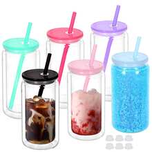 6 Packs 16oz Double-Wall Plastic Water Bottles With Straw & Lid, Pre-Drilled For DIY, Reusable, Portable Drink Containers For Cold Beverages, Juices, Sodas, Iced Coffee - Perfect For Summer Hydration, Camping, Parties, Office, Fitness & Gifts - Multicolor - View 1