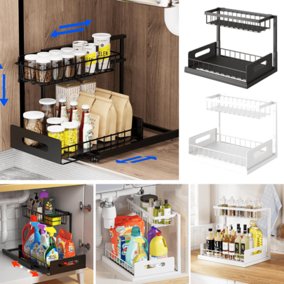 2-Tier Under Sink Storage Cabinet With Pull-Out Metal Drawers Type-Iron Construction, Ample Storage Space For Kitchen & Bathroom Essentials - Black/White Finish, Easy Assembly, Space-Saving Design