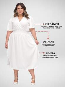 Women's Casual V-Neck Criss-Cross Midi Wrap Dress Plus Size Elegant Loose Godet Sleeve Side Slit Discreet - 白色 - 查看 4