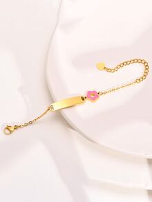 1Pc Custom Pink Flower Kids Bracelet, Stainless Steel Curved Tag Engraved Letter DIY Baby Bracelet, Personalized Gift For Baby First Birthday - Multicolor - View 5