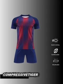 2pcs Kid's Personalized Soccer Jersey - Customizable Name And Number Barcelona Print Short Sleeve T-Shirt + Shorts Co-Ord Quick-Drying Sweat-Absorbing Sports, Football Club Player Set As Gift. Halloween, Thanksgiving, Christmas And New Year Gifts