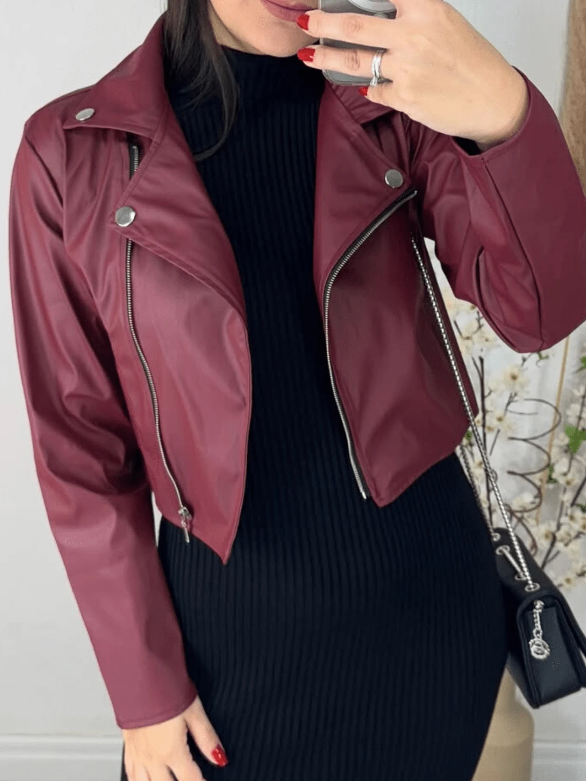 Women's Leather Jacket With Zipper, Elegant Long Sleeves - Màu Đỏ Sâu - Xem 1