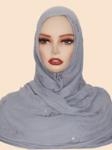1pc Women Rhinestone Hijab,Elastic Ribbed Material Fashion Headscarf With Rhinestone Pressed Design, Sophisticated Malaysian-Style Hijab/Long Scarf, Middle Eastern Fashion For Dress - Pitted Leaf Drill Long Scarf - View 9