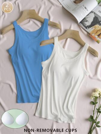 2 件套女式纯色简约打底衫，舒适带衬垫运动背心，适合健身