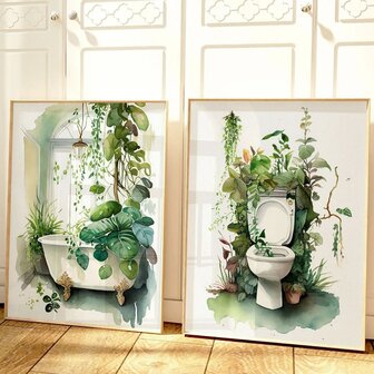 YIKES 1/3 件可选框架帆布浴室装饰画、水彩厕所艺术海报、抽水马桶、卫生纸、植物墙艺术浴室墙艺术、室内家居装饰墙面装饰艺术