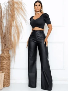 Wide Leg Leather Pants With Button - Black - View 1