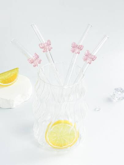 2/4Pcs Cartoon Pink Butterfly Bend Reusable Glass Straw,With A Cleaning Brush,For Smoothie, Milk,Tea,Juice,Snack Bar,Party Drinks,Cocktails,Milkshake Smoothie,Restaurant.,School Supplies