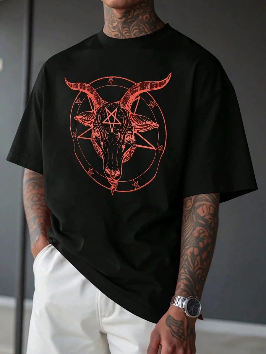 Playera casual de verano para hombre con estampado estilo Dark Satan, cuello redondo, manga corta, 100 % algodón, 220 g de algodón grueso - Negro - Ver 1